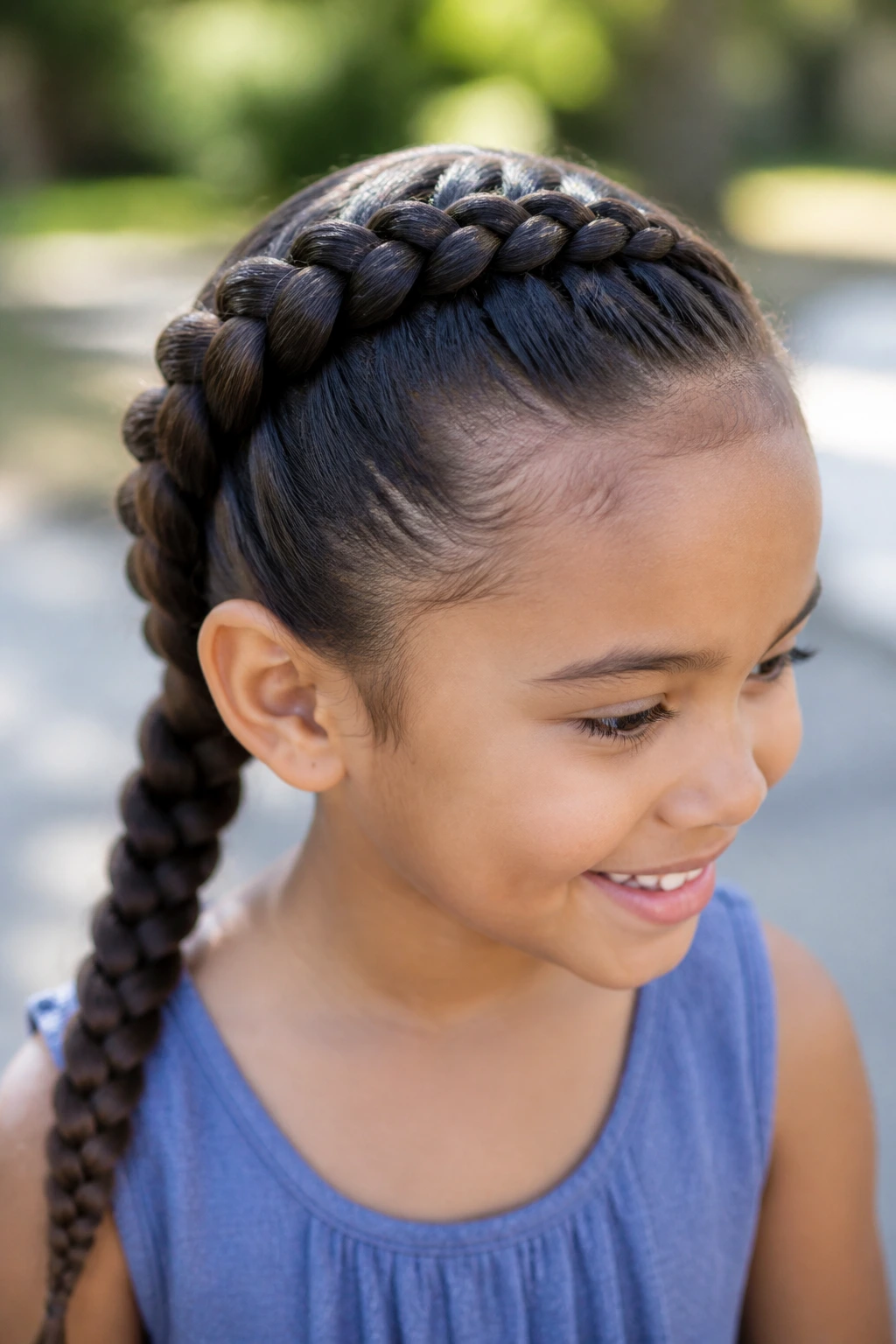 Close-up of a child with a sleek Dutch braid along the crown