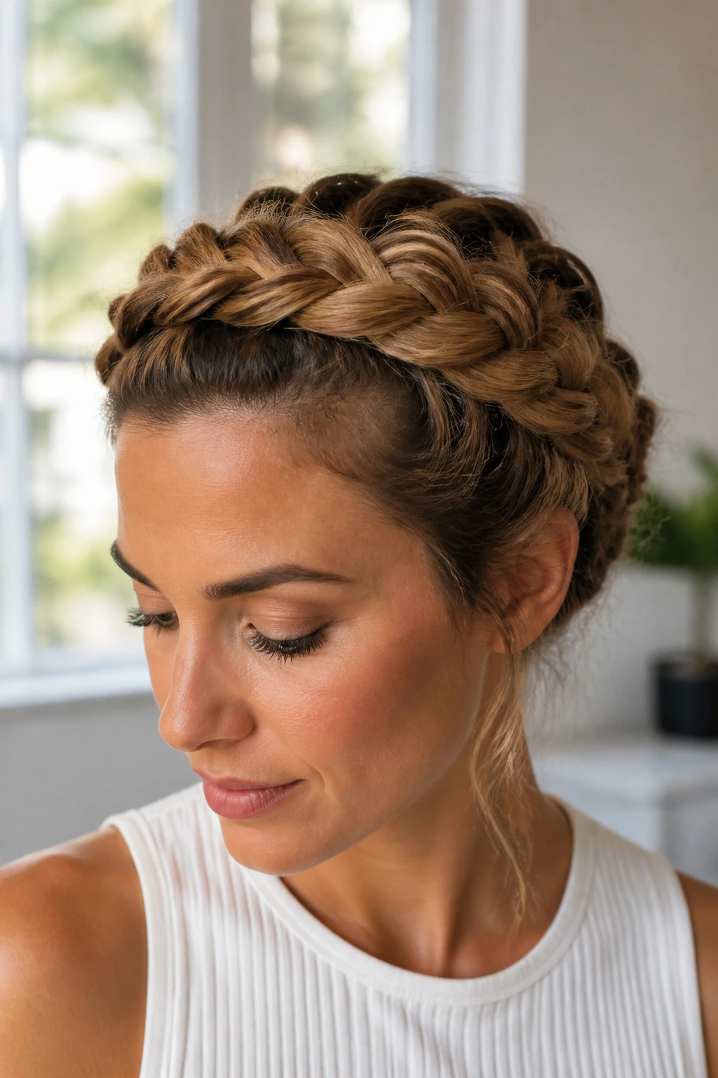 Real woman with a Dutch braid crown in a bright room