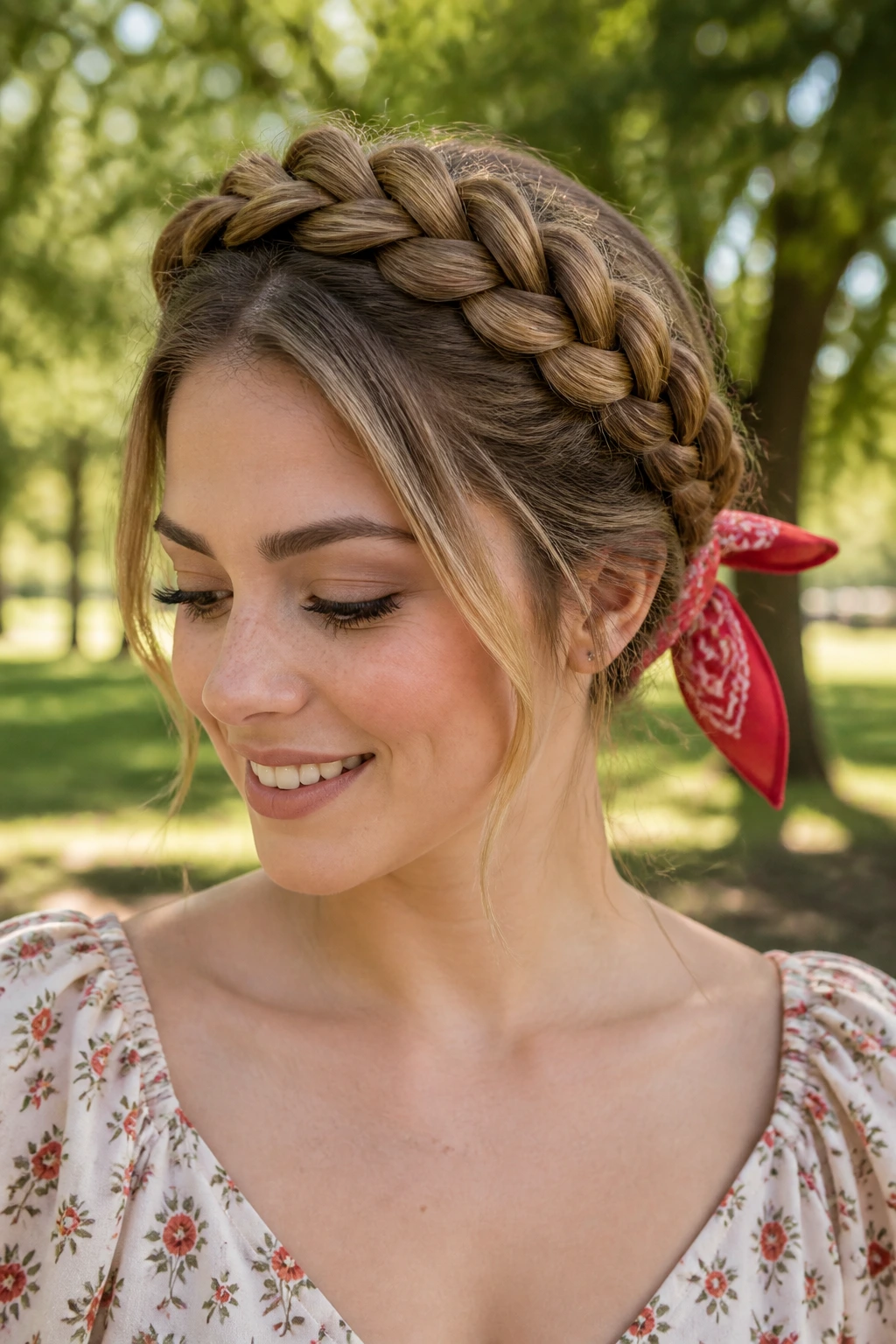 Close-up of a real woman with a Dutch braid crown and bandana.