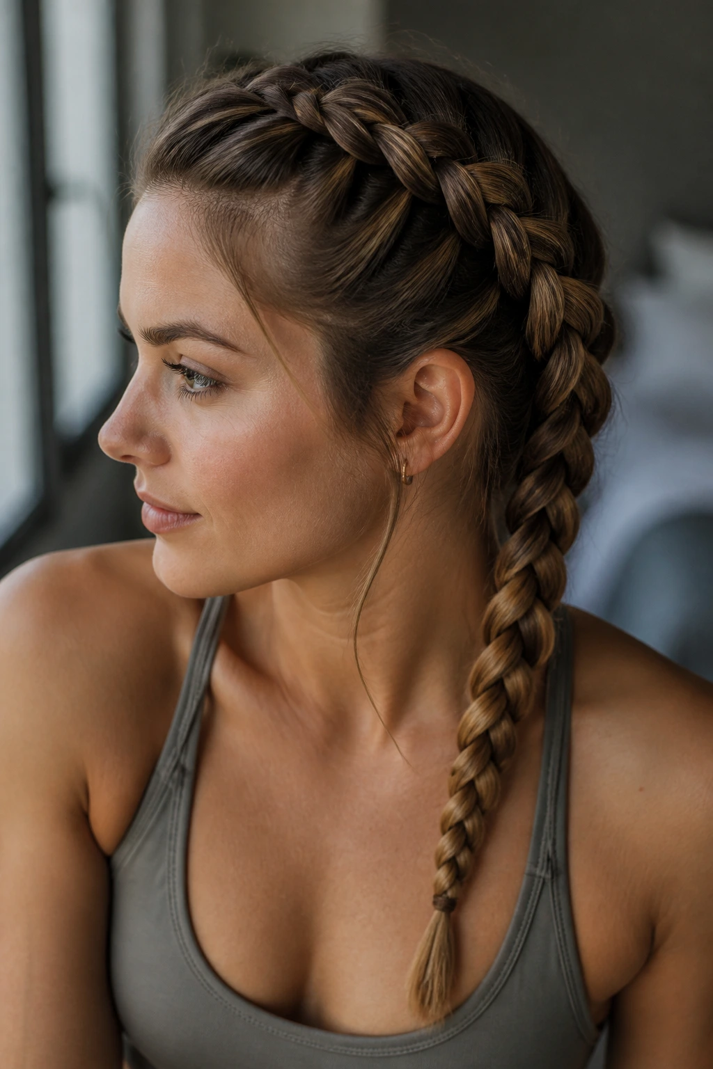 Woman with crown Dutch braid ready for summer day