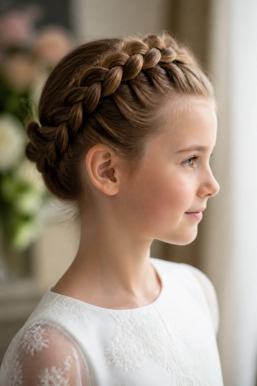 Side view of a real girl with a Dutch braid crown