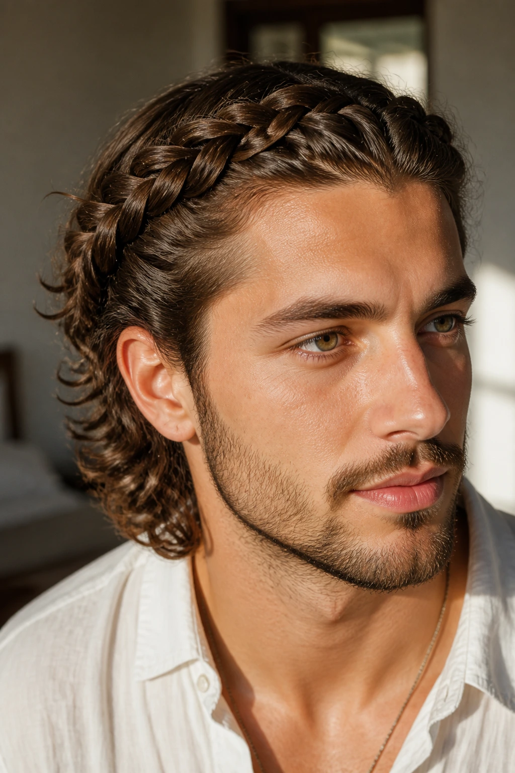 Man wearing a Dutch braid crown along the hairline, face framed by braid