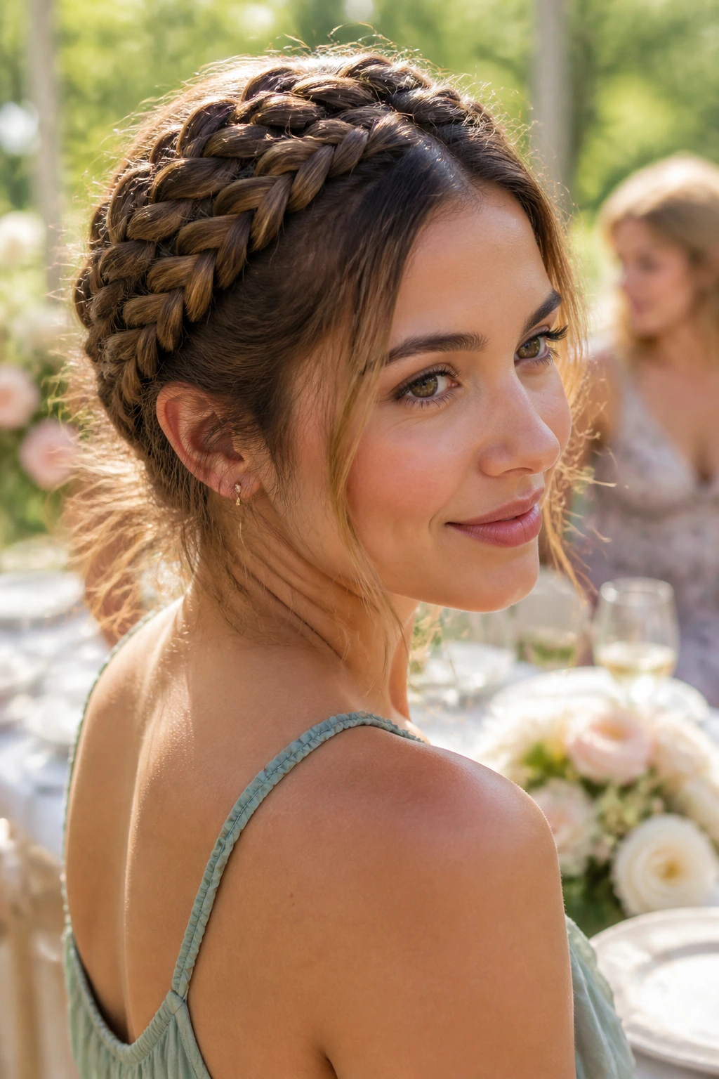 Woman with Dutch braid crown around head in garden setting.