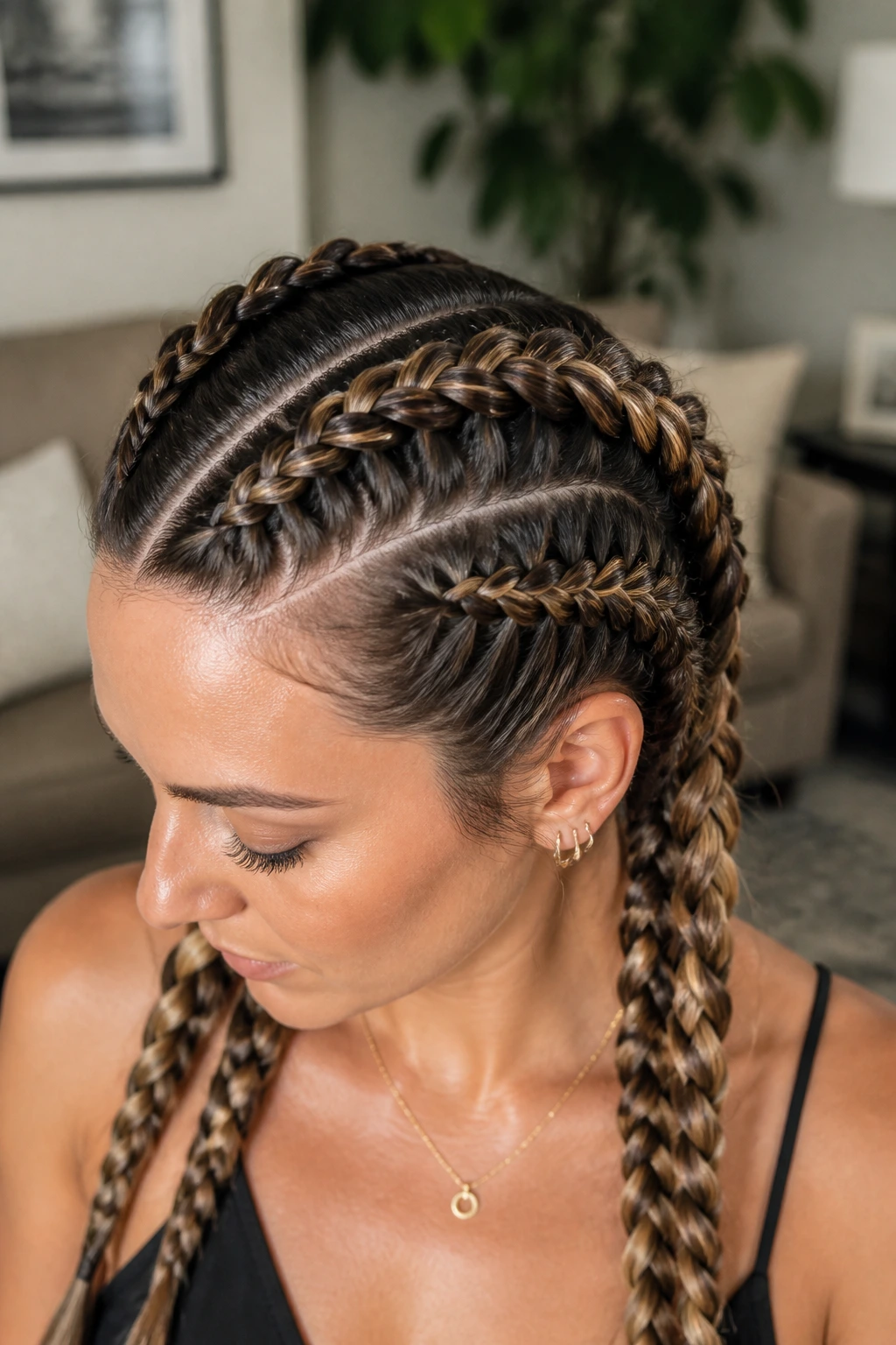 Close-up portrait of a woman with Dutch braids crown showing raised lines