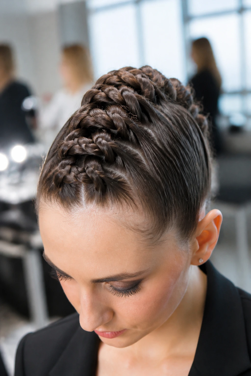 Close-up portrait of a real woman with a Dutch braid ladder faux hawk in backstage fashion area