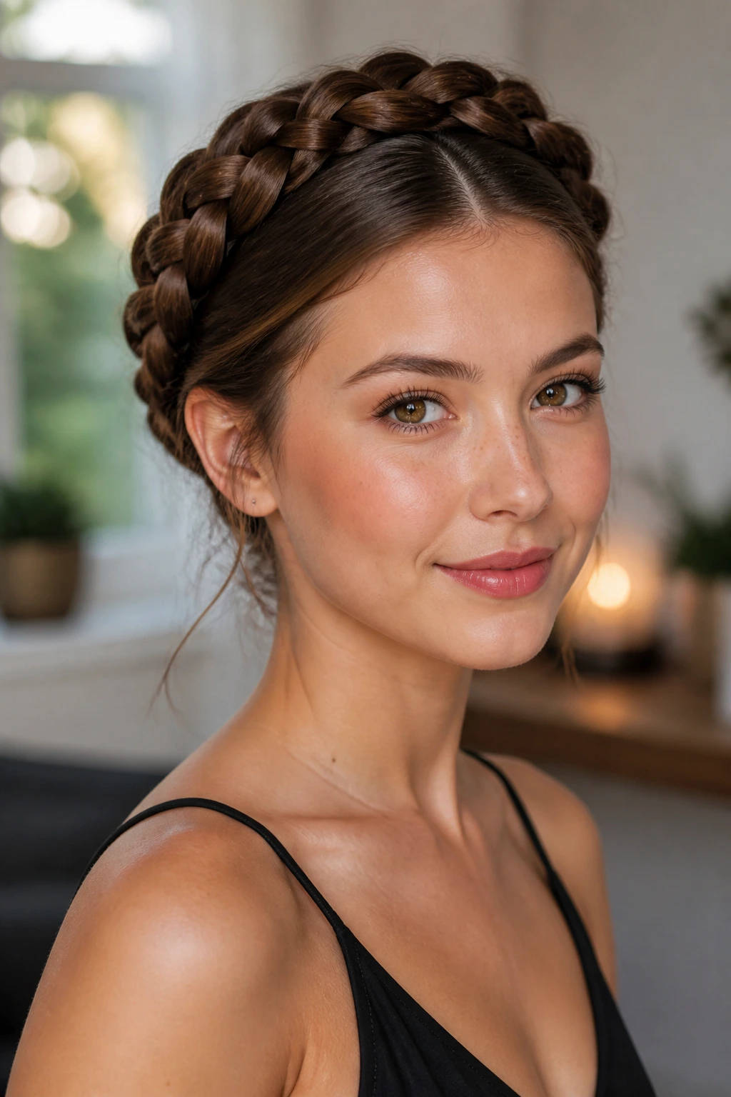 Close-up of a real woman with a Dutch braid halo around the head