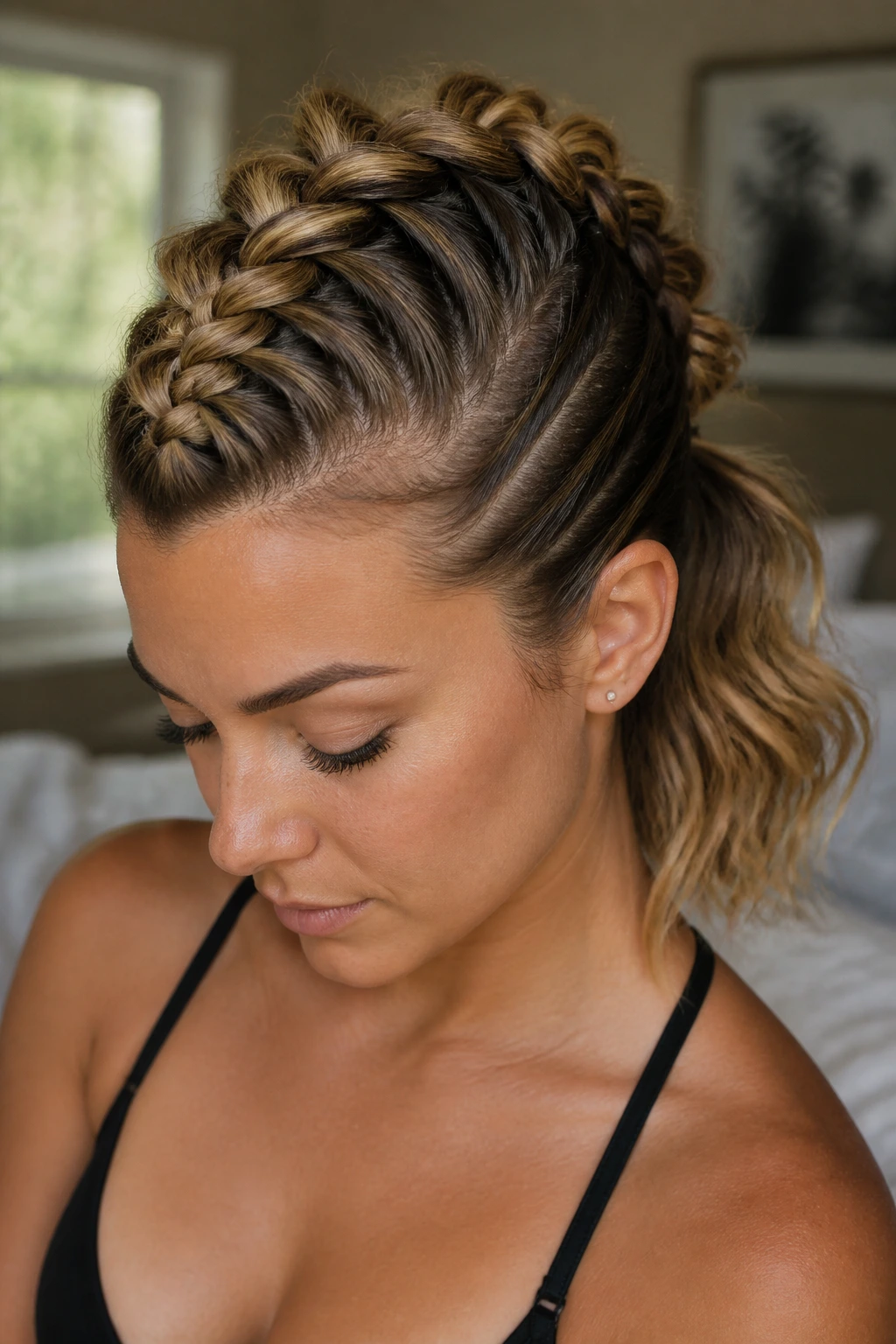 Portrait of a woman with a center Dutch braid hawk transitioning to loose ends at the nape