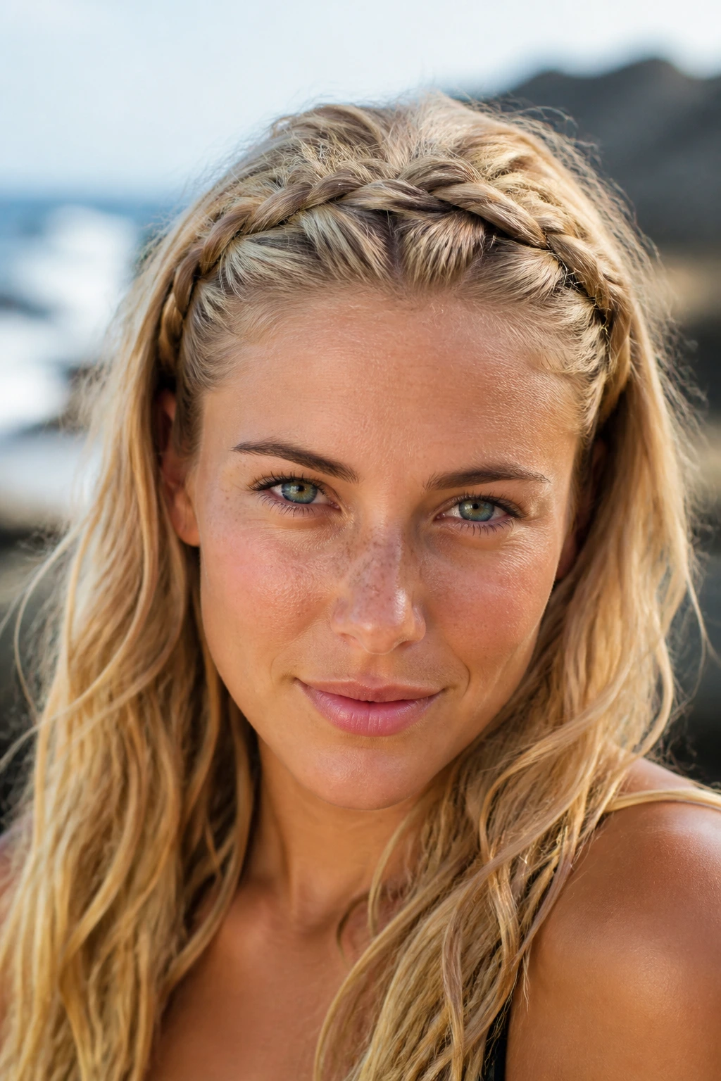 Close-up of a woman wearing a Dutch braid headband along the hairline