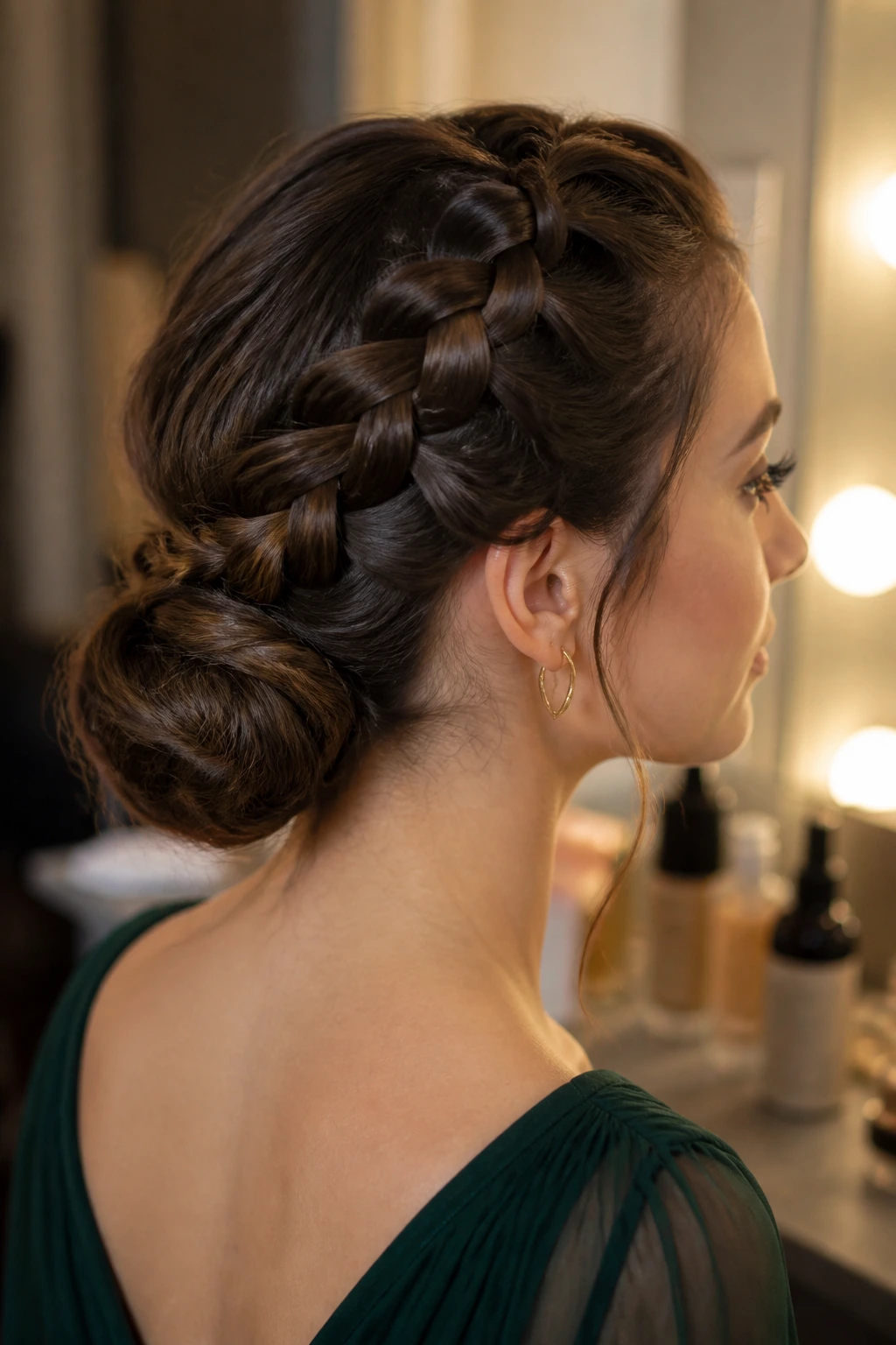 Real woman with Dutch braid transitioning into a low bun at the nape