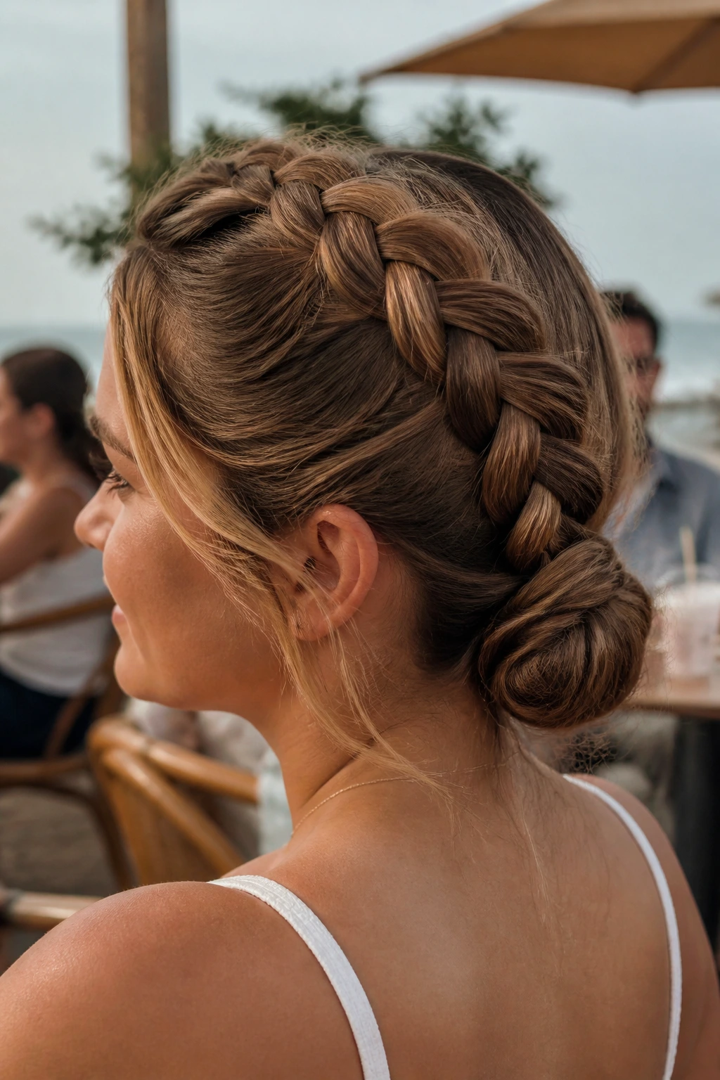 Close-up of real person with Dutch braid leading to a low bun.