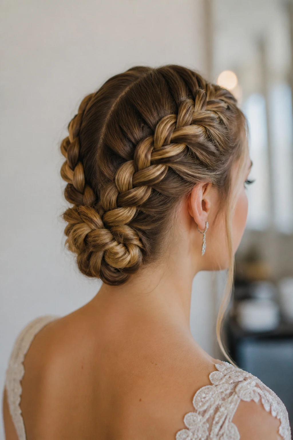 Close-up of a real person with Dutch braids merged at the back, bridal hair texture
