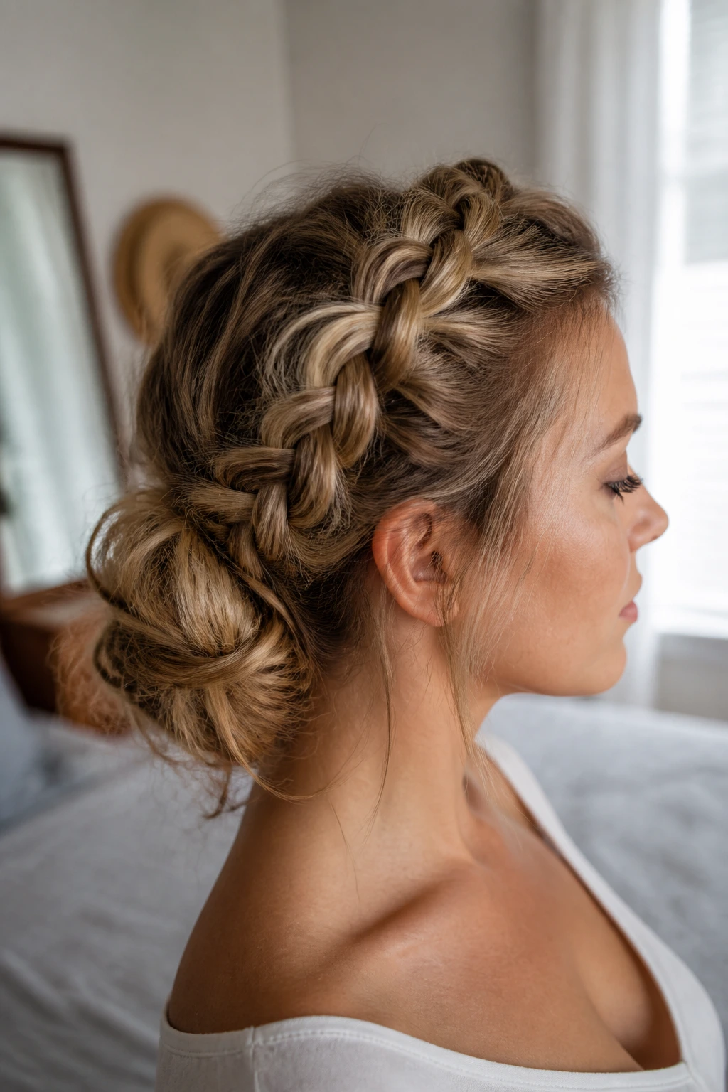 Close-up of a real woman with a crown-to-nape Dutch braid feeding into a loose bun