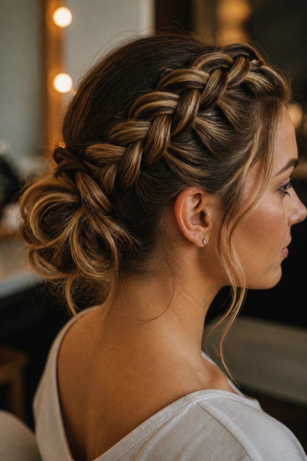 Close-up of Dutch Braid into a Messy Bun on a real person in a dressing room