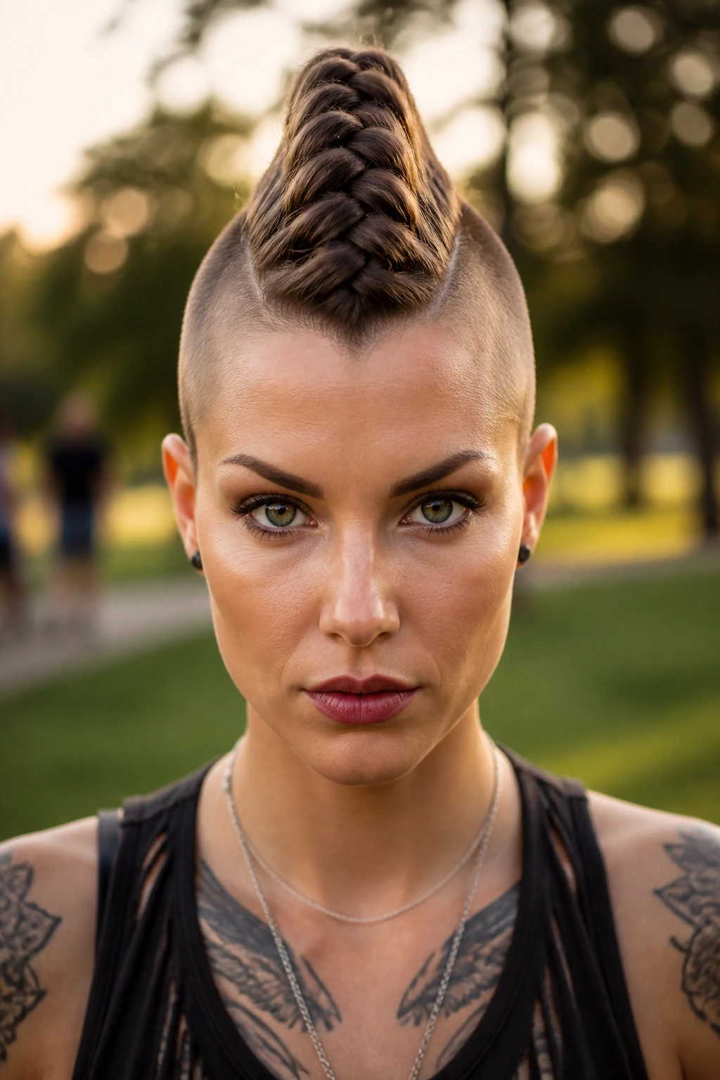 Close-up of a real person with a Dutch braid mohawk in a park at dusk