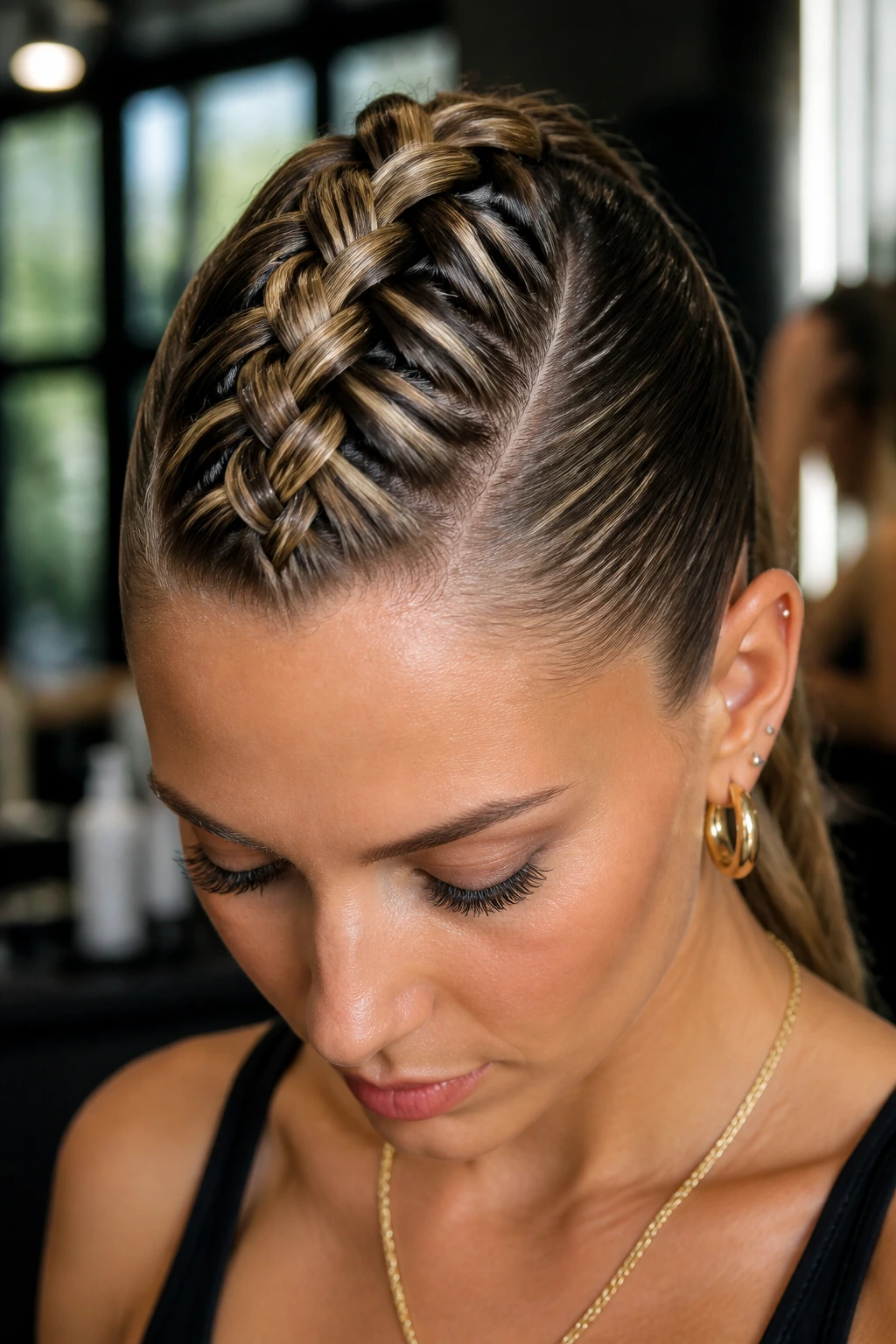 Close-up of a real person with a central Dutch braid spine and slicked-back sides