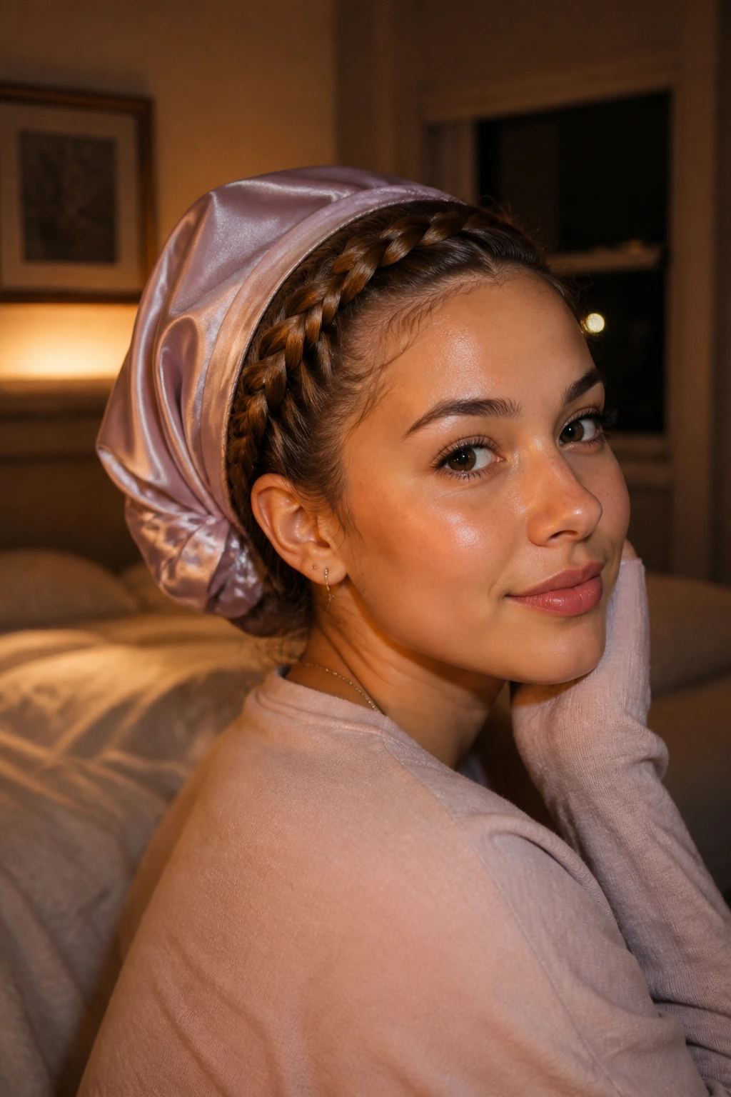 Real person with Dutch braid under silk scarf in a night-time bedroom.
