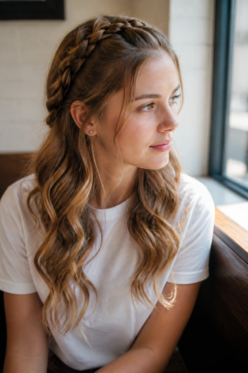 Portrait of a real woman with a Dutch braid at the crown and open waves below
