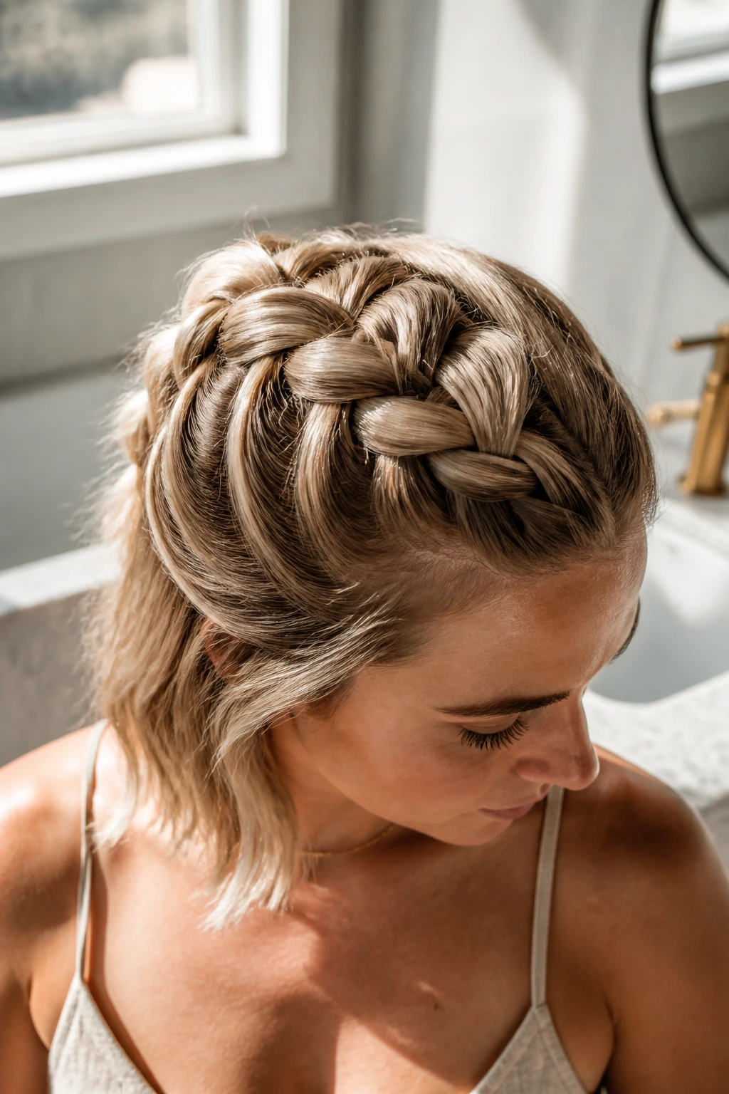 Real woman with chunky Dutch braid on top, pancaked ribs
