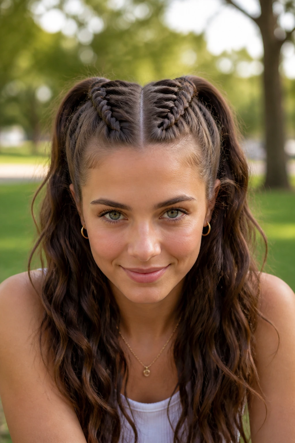Front close-up of a real person with Dutch braid pigtails