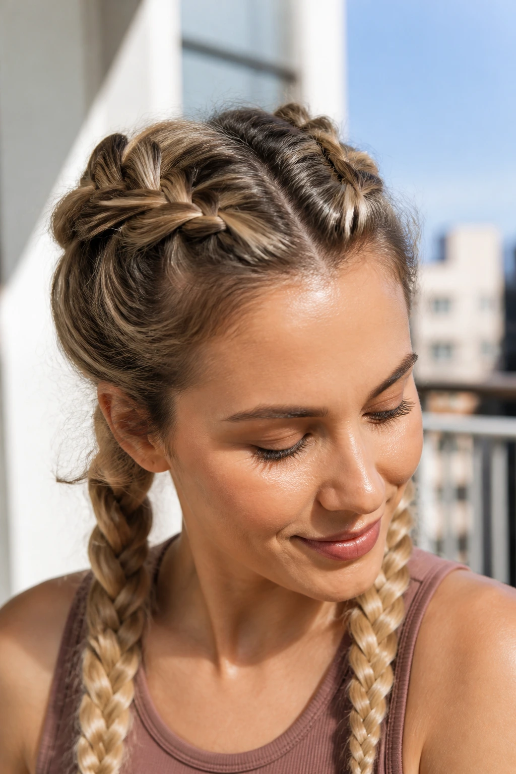 Close-up of a real woman with Dutch braid pigtails puffing at the roots