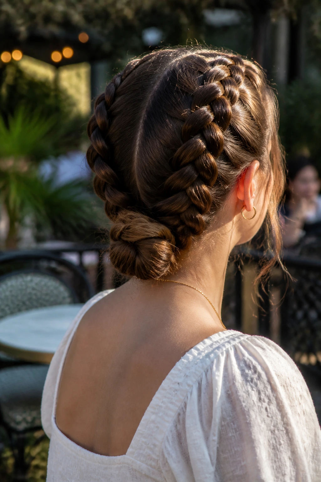 Rear view of a woman with Dutch braids gathered into a low knot
