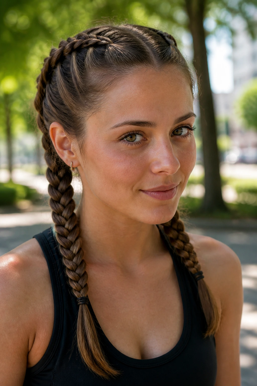 Close-up of a real woman with Dutch braid pigtails on sunny day.