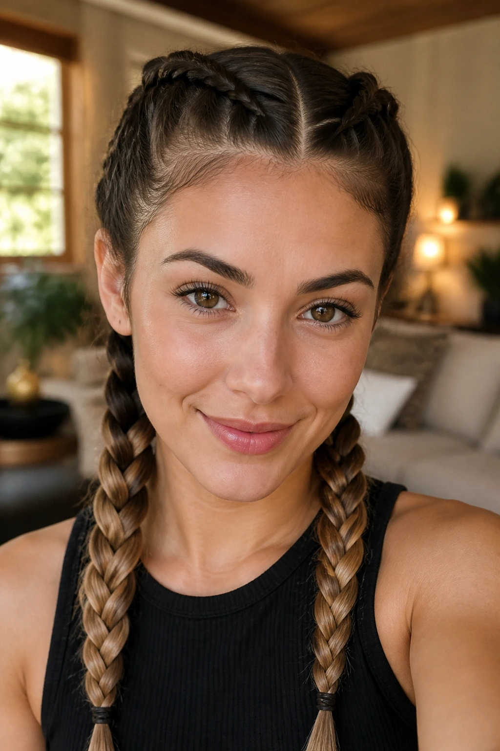 Close-up portrait of a real woman with two Dutch braids on top of the scalp forming pigtails, in a warm indoor setting.