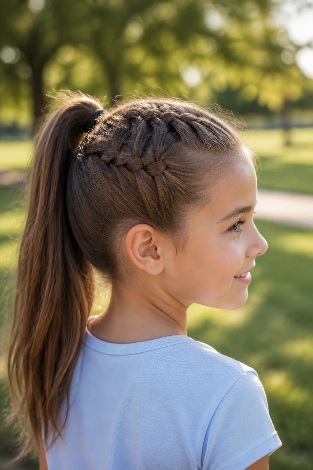 Close-up of a child with Dutch braid into pony, hair along scalp into pony