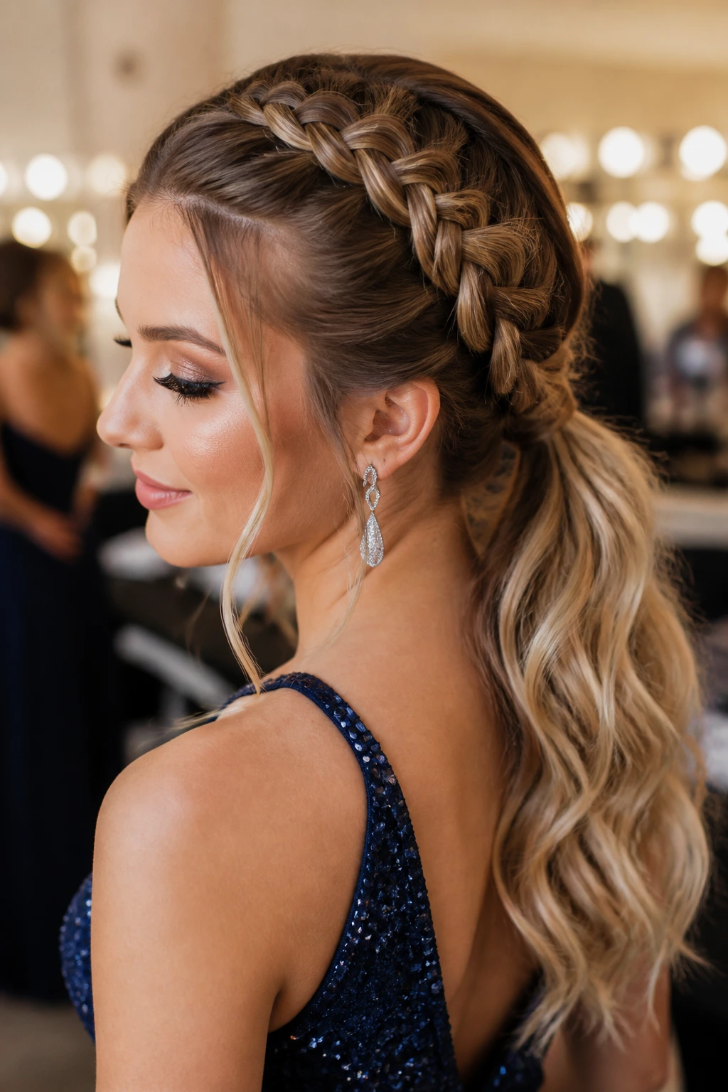 Close-up of a real woman with Dutch Braid into a Low Ponytail hairstyle