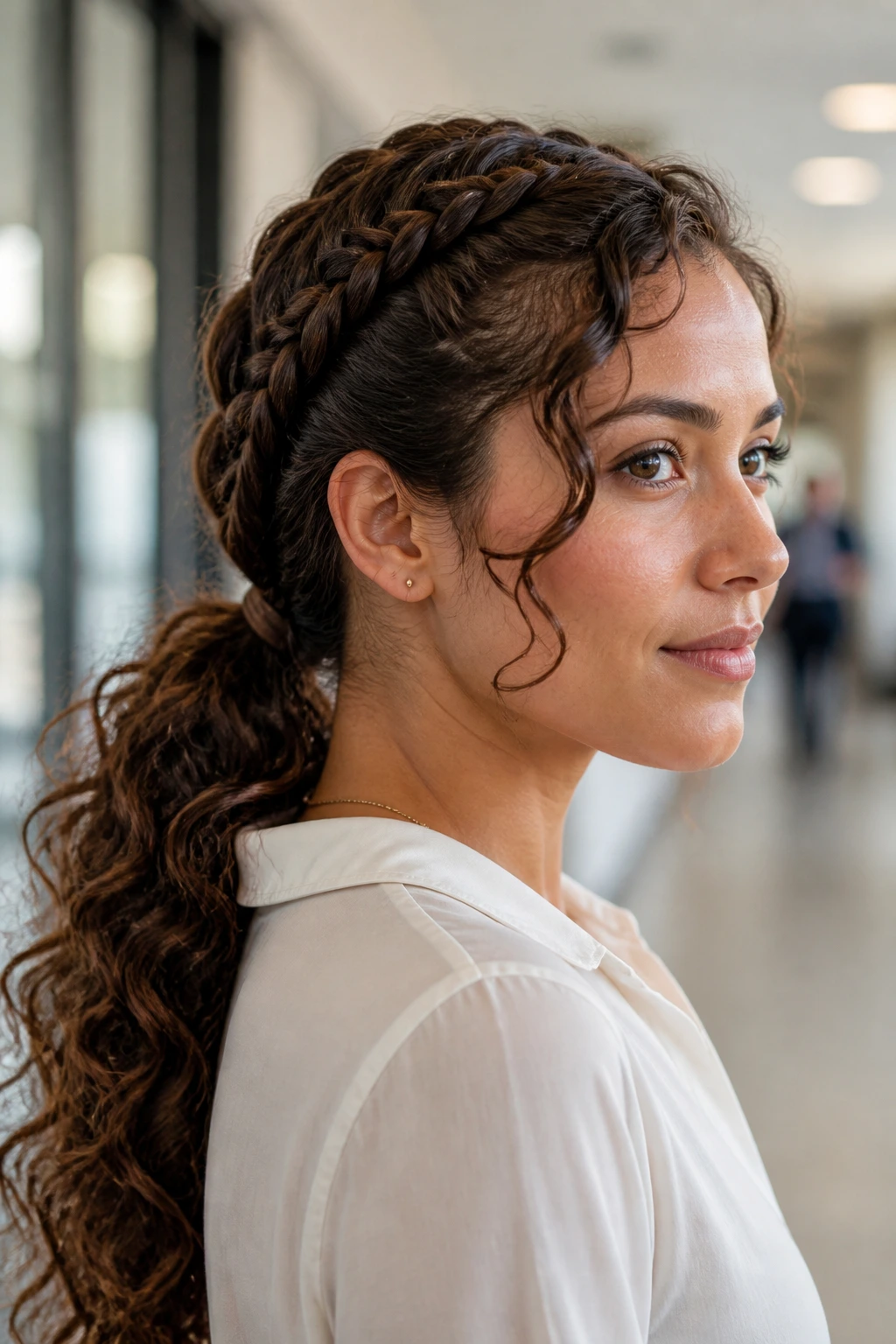 Dutch braid into low ponytail on a real woman in an office setting