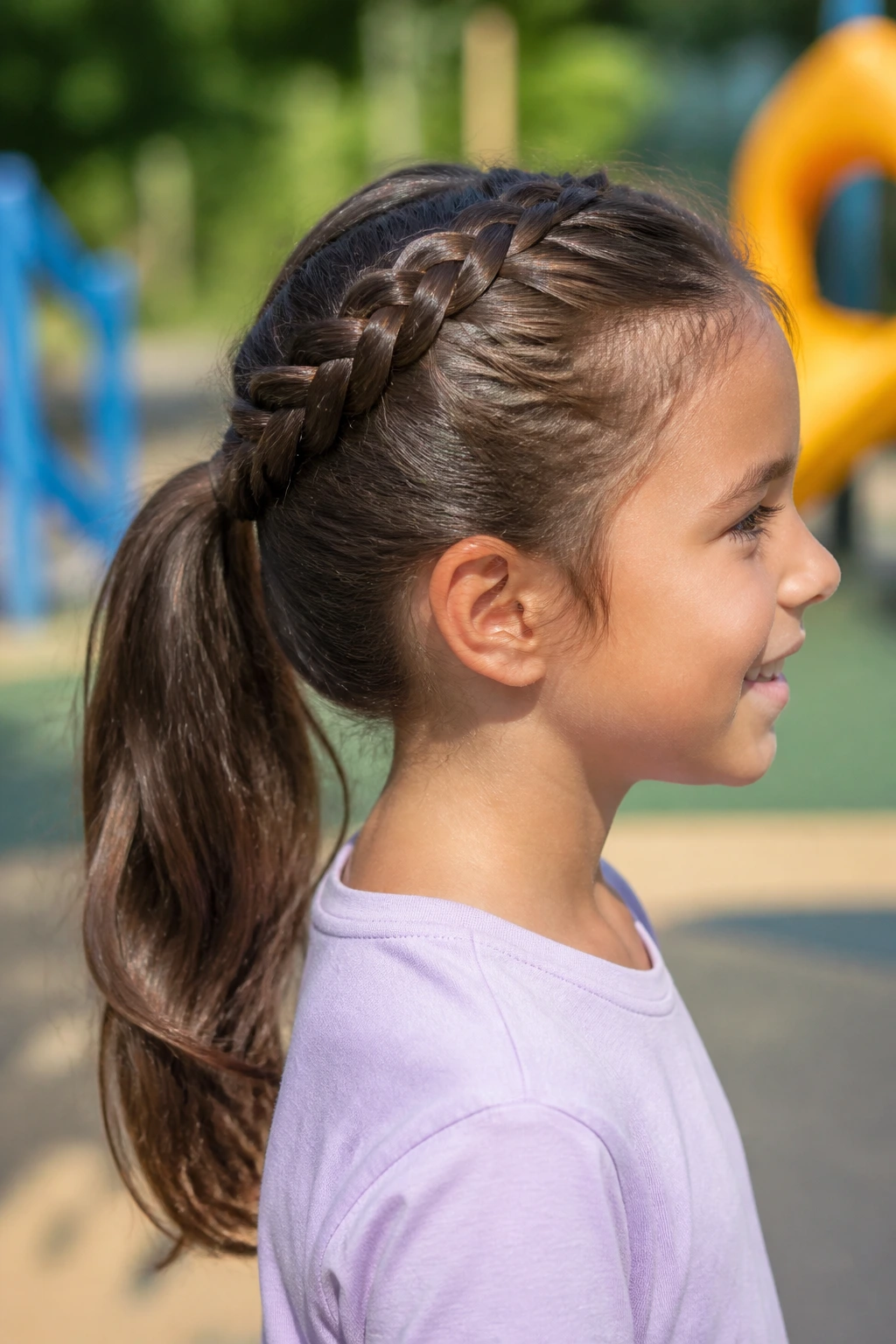 Brunette girl with Dutch braid into a ponytail in sunny outdoor setting.