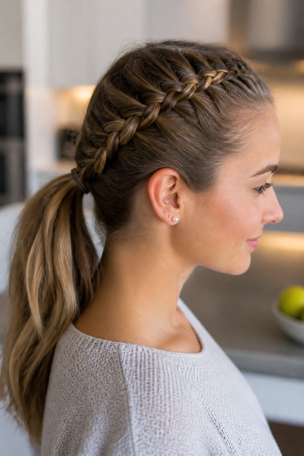 Close-up of a real woman with a Dutch braid flowing into a ponytail