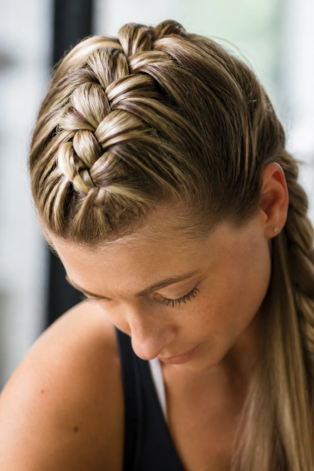 Dutch braid along scalp on real woman
