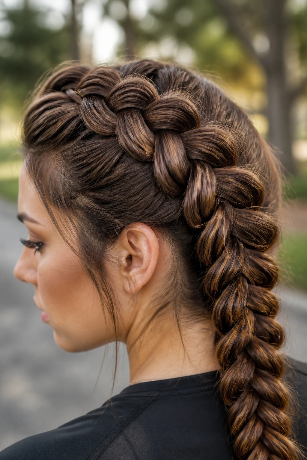 Close-up of a person with a Dutch braid showing raised ridges