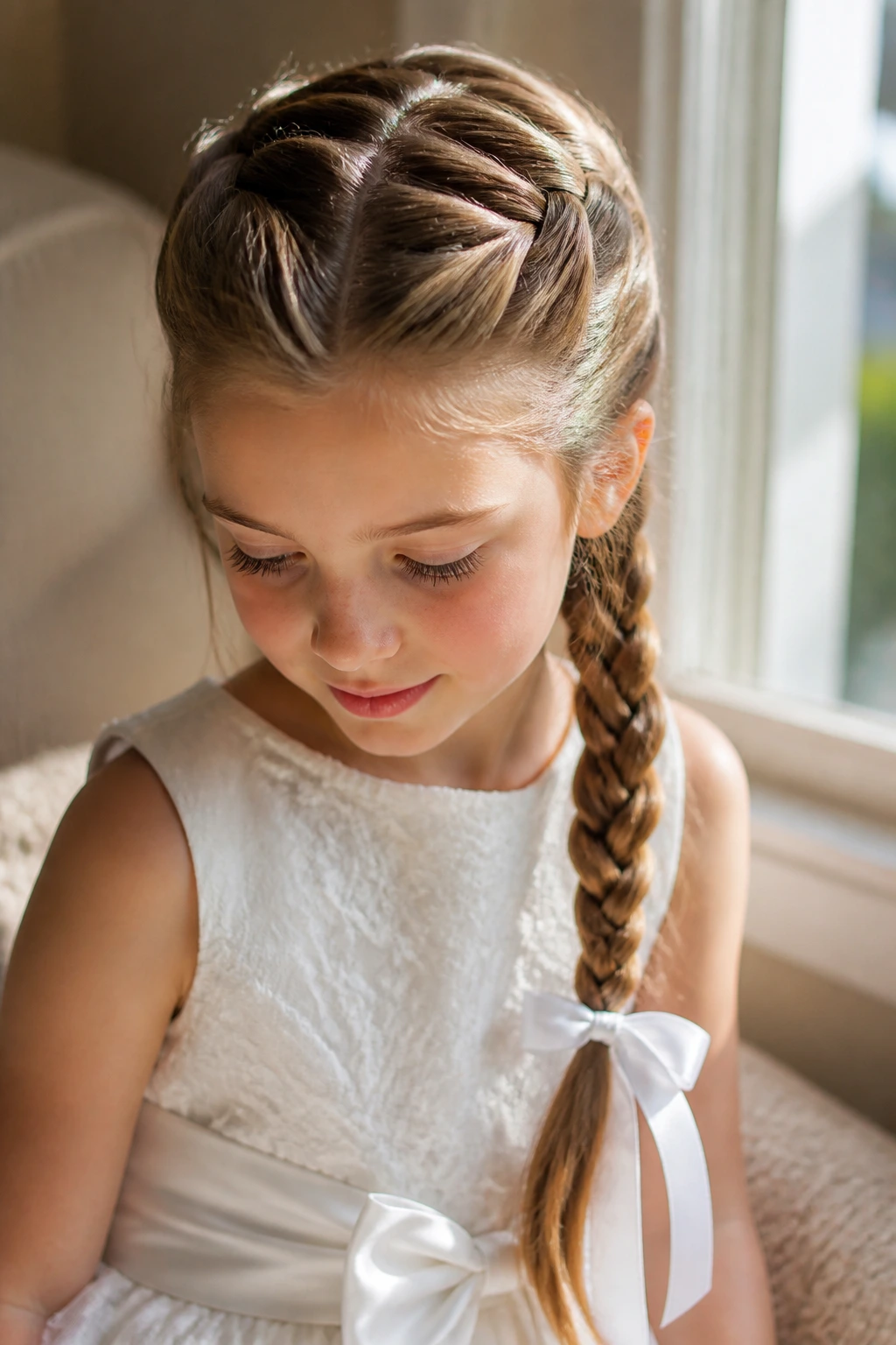 Close-up of Dutch braid transitioning into a ribboned plait on a real girl