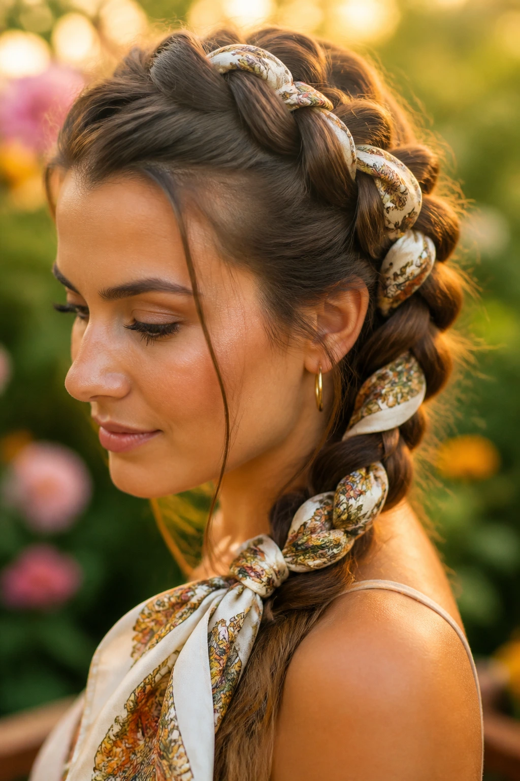 Close-up of a real woman with a Dutch braid incorporating a silk scarf.