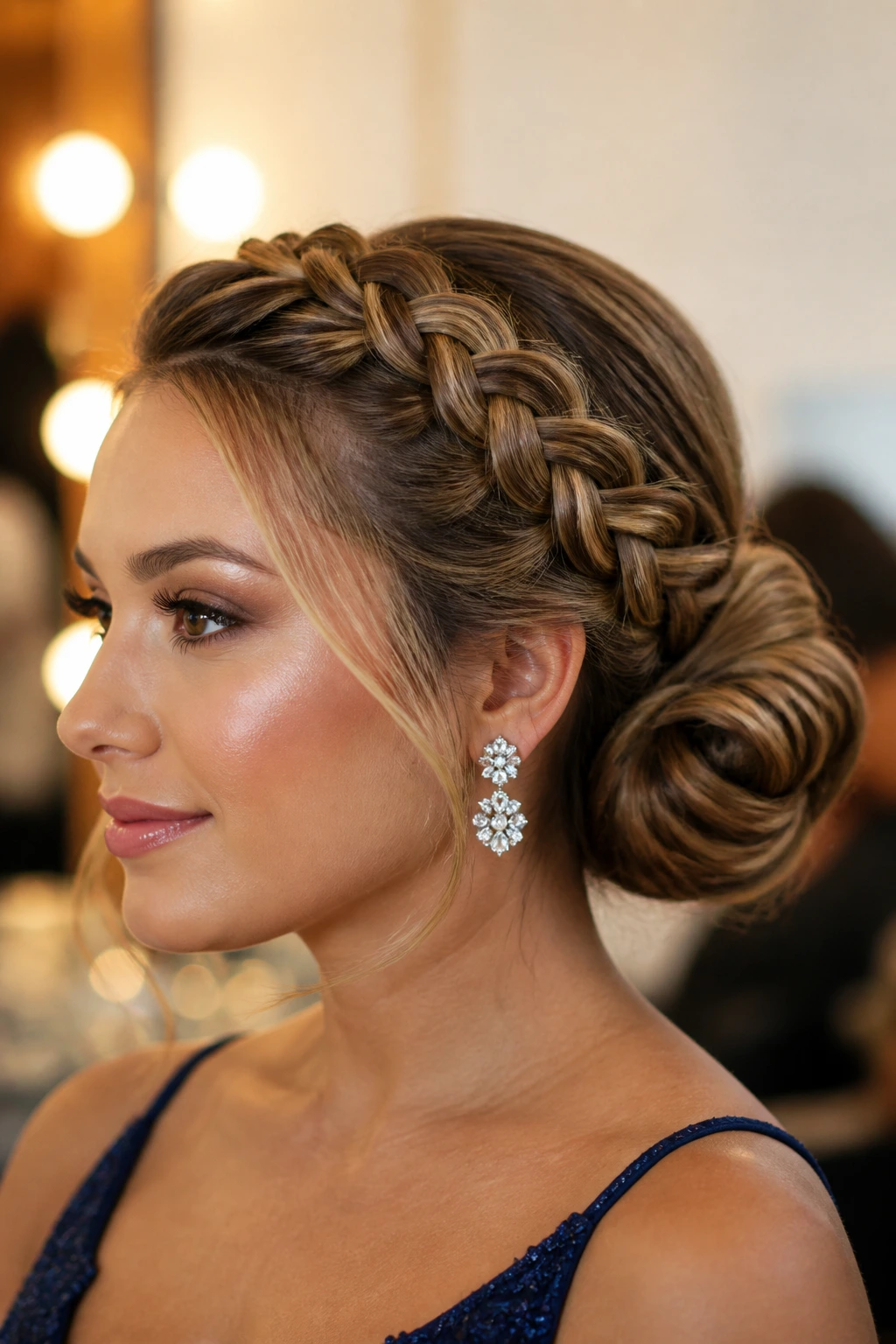 Real woman with Dutch braid feeding into a side bun behind the ear