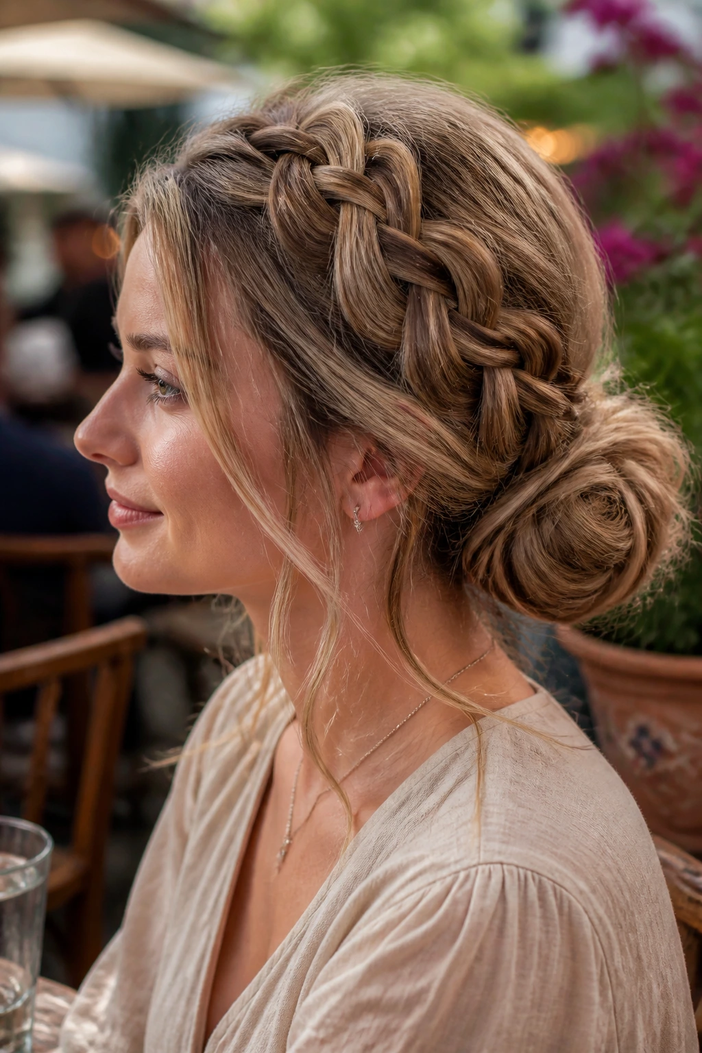 Side profile of a real person with Dutch Braid Into Soft Bun in daylight.