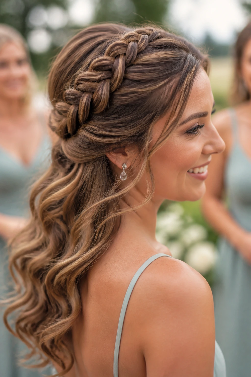 Close-up of a real woman with a Dutch braid atop and soft curls below