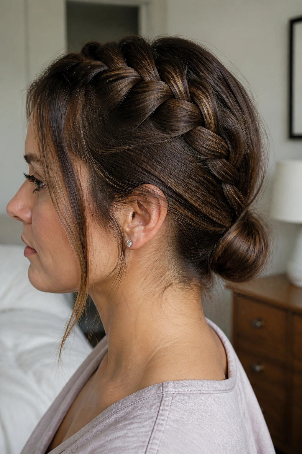 Close-up of a real woman with a crown Dutch braid that transitions into a tucked ponytail at the nape