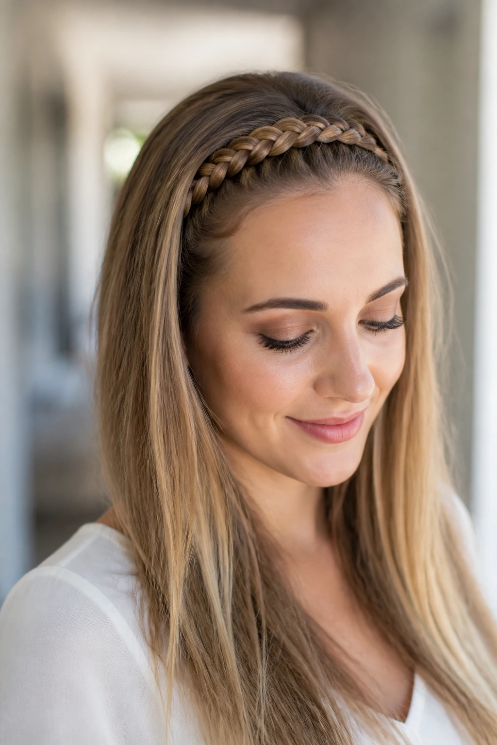 Close-up of Dutch braided headband on a real person with hair down in a bright setting