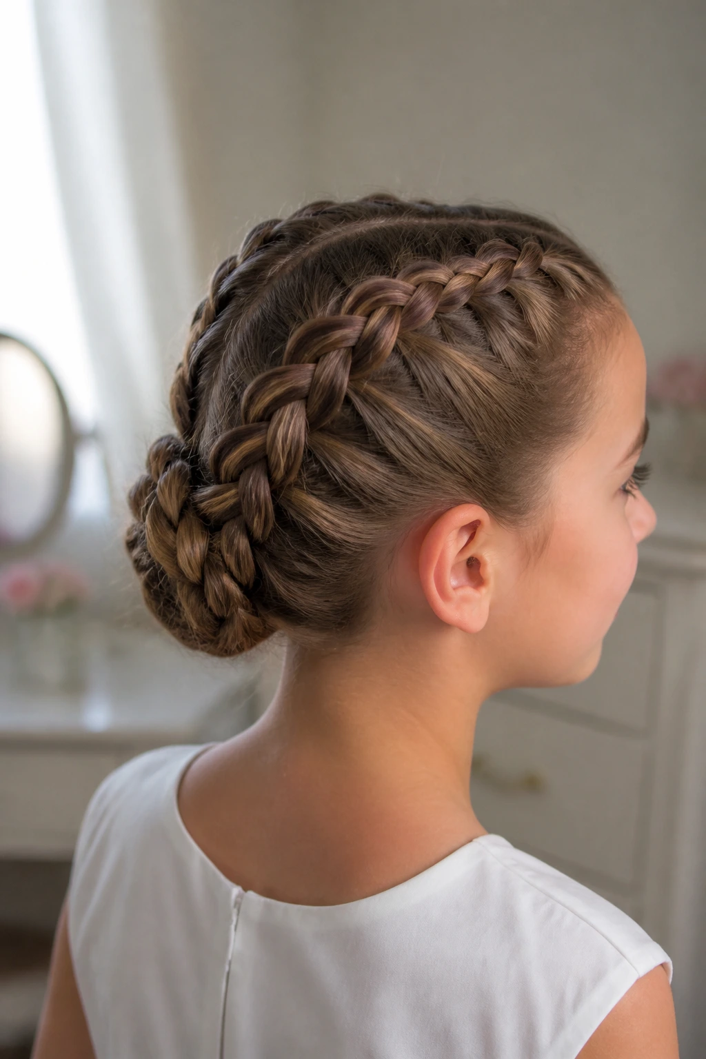 Close-up of a real girl with two Dutch braids forming a bun at the nape