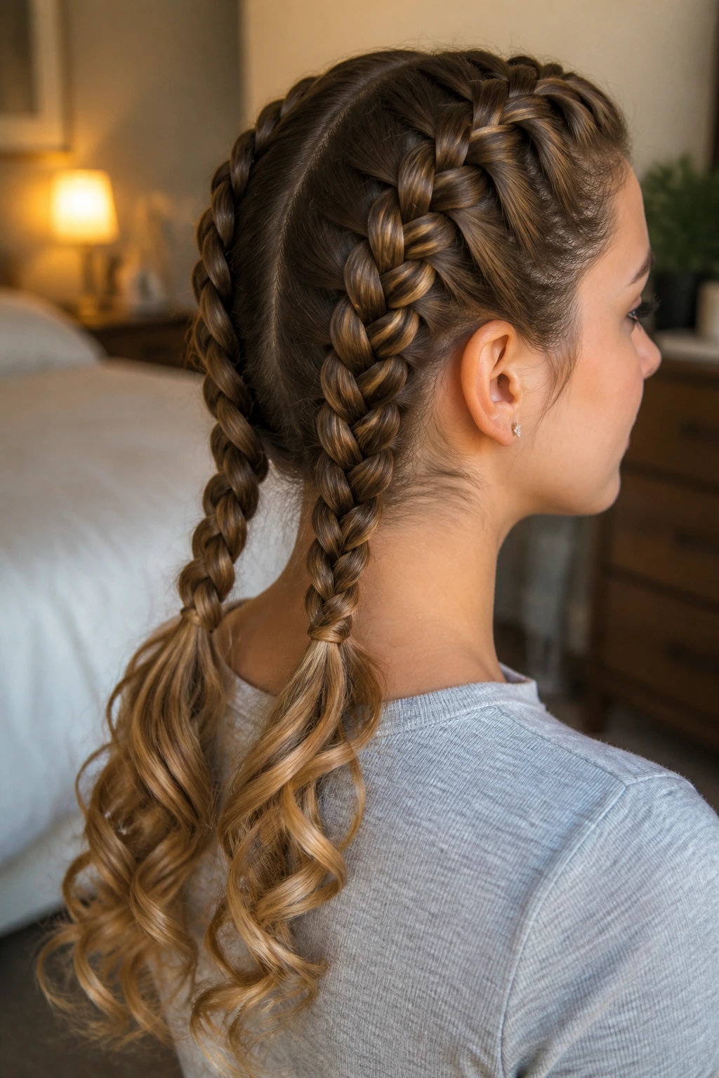 Dutch braids with curled ends on real person