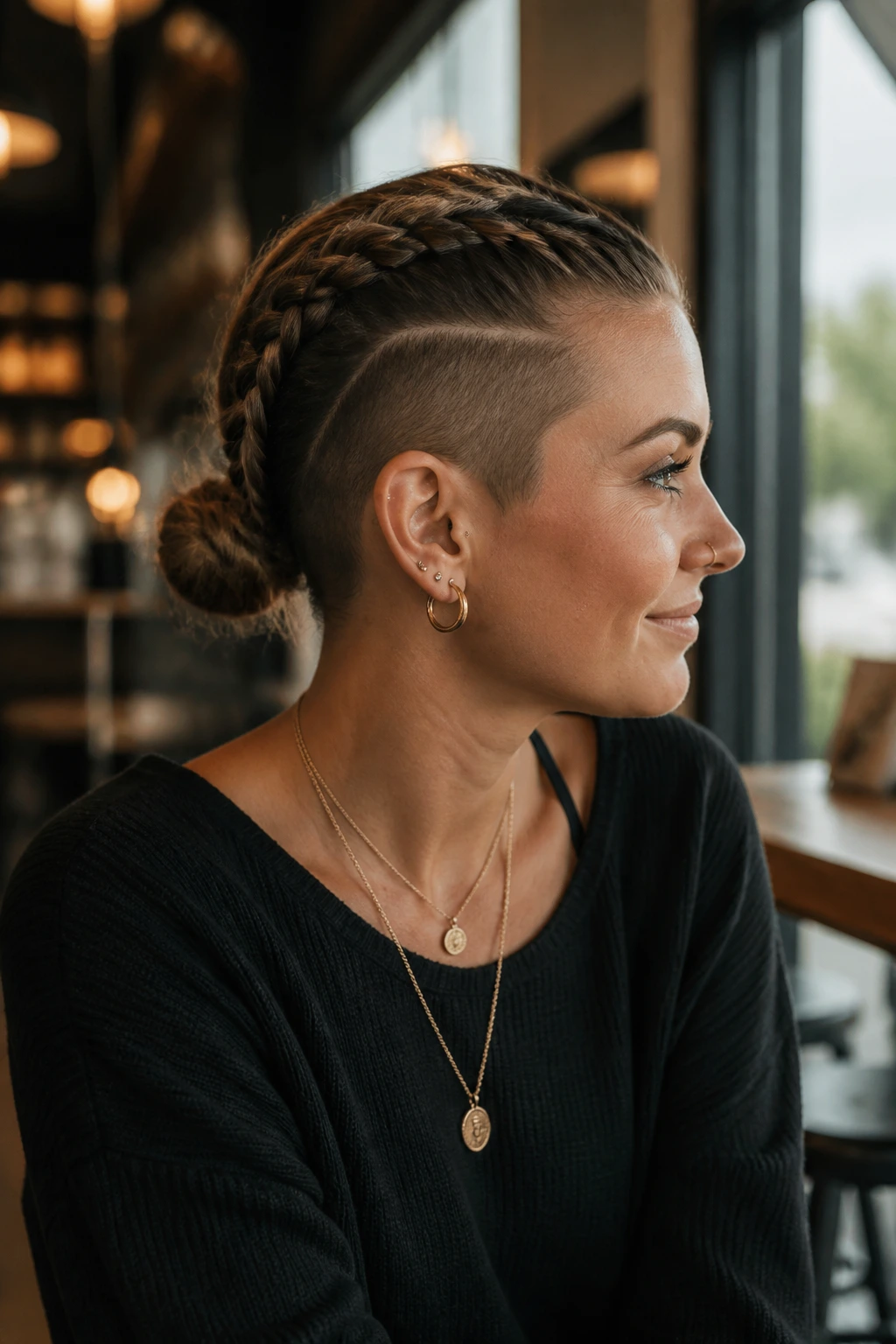 Close-up of a real woman with Dutch braids into a low bun and shaved sides