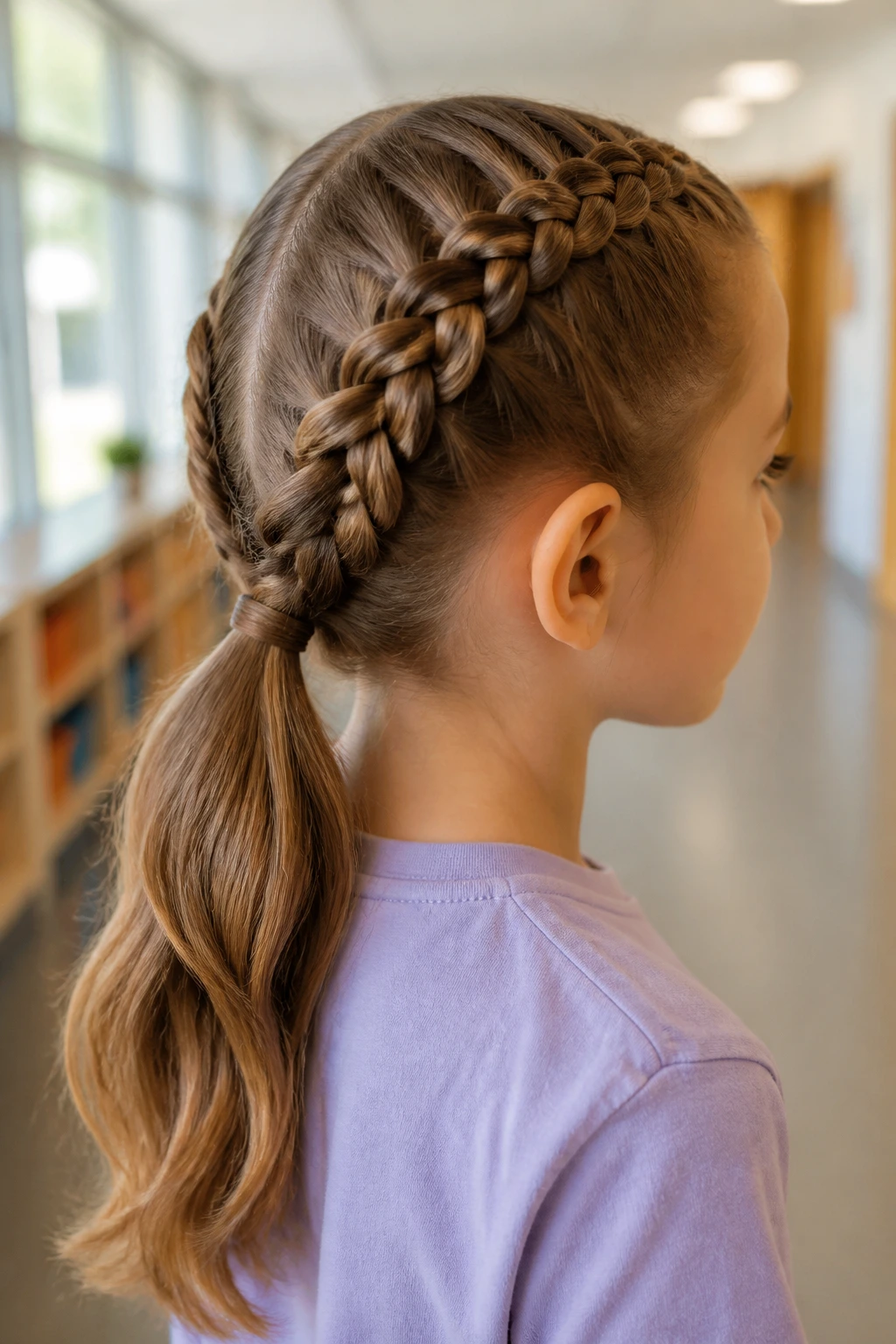 Close-up of child with two Dutch braids leading to a low ponytail