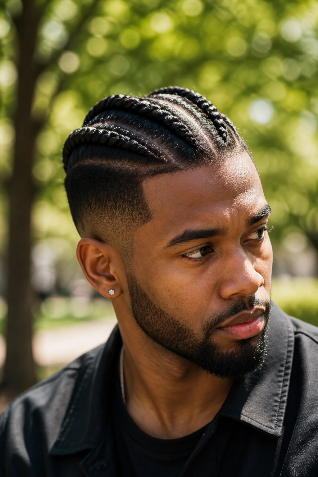 Close-up of a man with Dutch braids on top