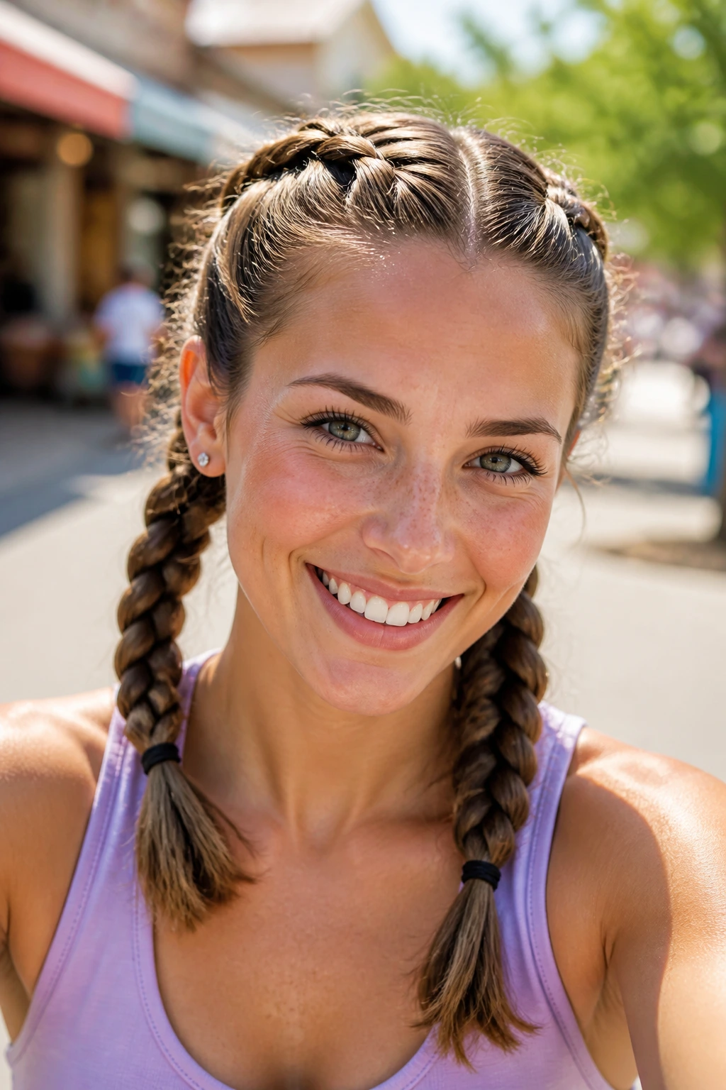 Portrait of a person with Dutch braid pigtails keeping hair off the face