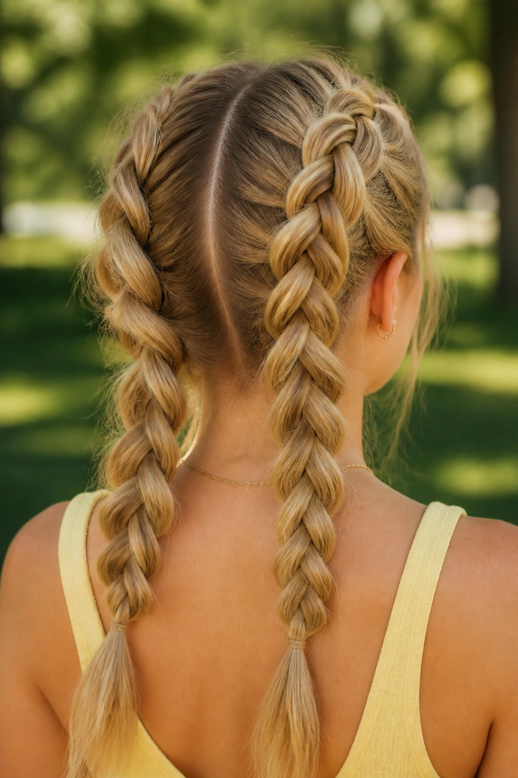 Close-up of a real woman with two raised Dutch braids on top of her head