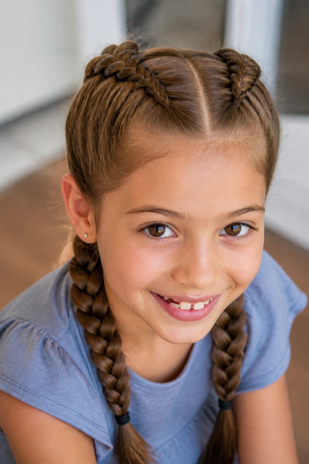 Child with Dutch braids as twin pigtails