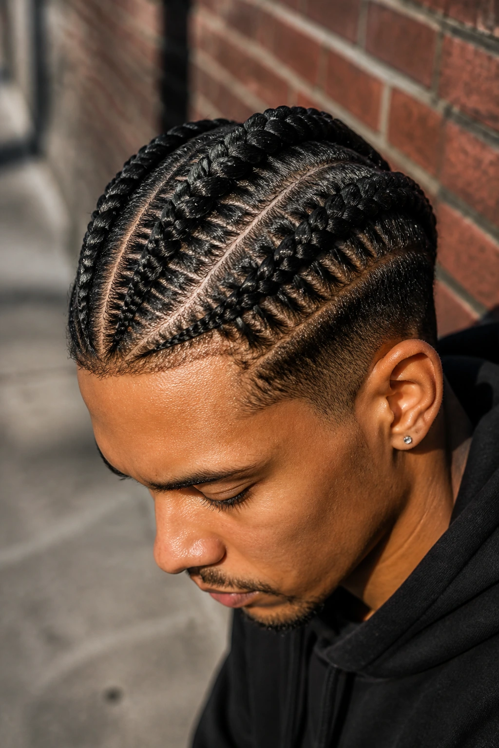 Close-up of a real man with Dutch braids on top of the scalp
